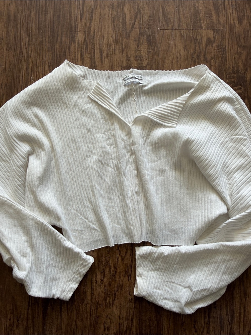 Urban Outfitters White Ribbed Cropped Long-Sleeve Top